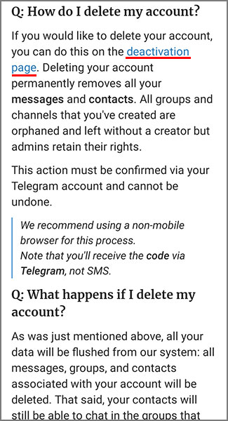 Справочная статья в приложении Телеграм, как удалить аккаунт